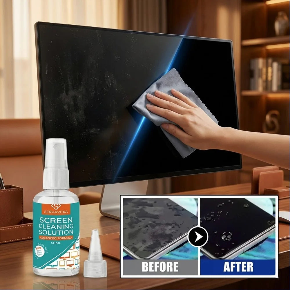 ServaVEXA screen cleaner spray kit with microfiber cloth for laptops, phones, TVs, and tablets, streak-free lens cleaning solution.