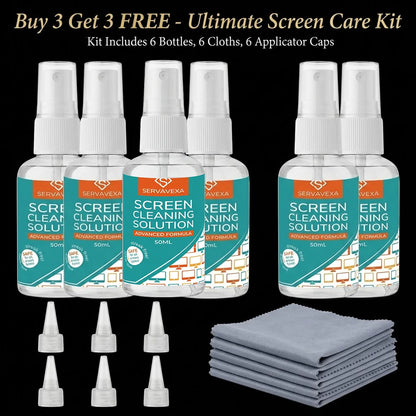 ServaVEXA screen cleaner spray kit for laptops, phones, TVs, and tablets with microfiber cloth for streak-free lens cleaning.