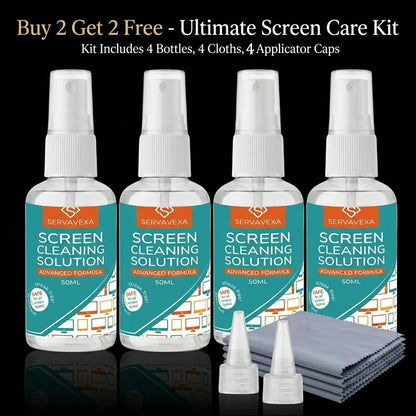 ServaVexa screen cleaner spray kit with microfiber cloth for laptops, phones, TVs, monitors, and tablets, streak-free lens cleaning.