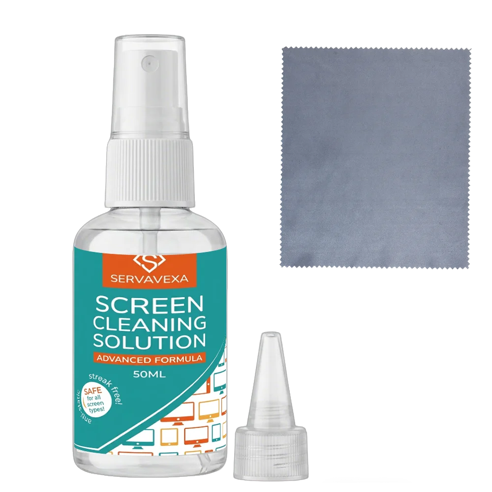 ServaVexa screen cleaner spray kit with microfiber cloth for laptops, phones, TVs, monitors, tablets; streak-free lens cleaning solution.