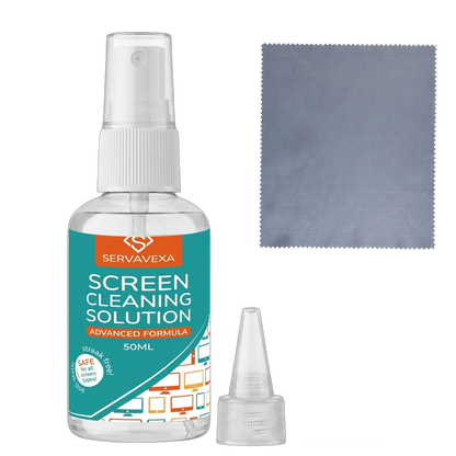 ServaVexa screen cleaner spray kit with microfiber cloth for laptops, phones, TVs, monitors, tablets; streak-free lens cleaning solution.