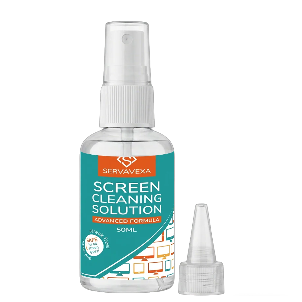 ServaVexa screen cleaner spray kit for laptops, phones, TVs, tablets with microfiber cloth and streak-free lens cleaning solution.