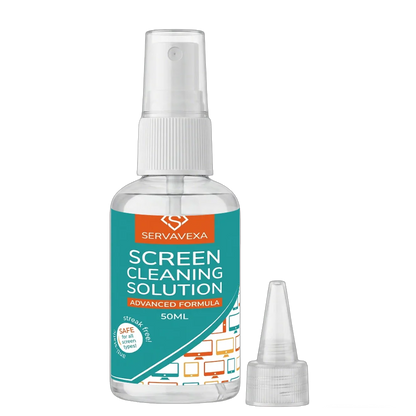 ServaVexa screen cleaner spray kit for laptops, phones, TVs, tablets with microfiber cloth and streak-free lens cleaning solution.