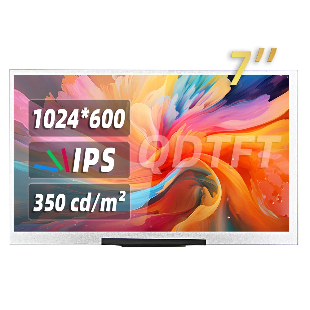 7-inch RGB LCD display with 1024x600 resolution, 350nit brightness, IPS screen, 24-bit color, by BackupMyFilesNow.com