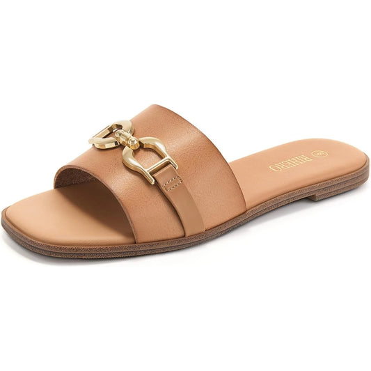 Women's camel flat leather sandals with square open toe design, slip-on style, ideal for summer comfort and casual wear.