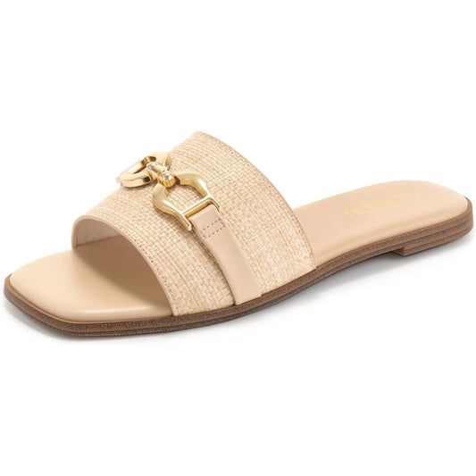 Women's camel leather flat sandals, open toe slip-on design with square toes, perfect for summer comfort and casual wear.
