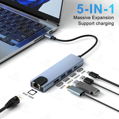 BackupMyFilesNow 8-in-1 USB C Hub with HDMI, RJ45, SD/TF card reader, and fast charging for MacBook and laptops.