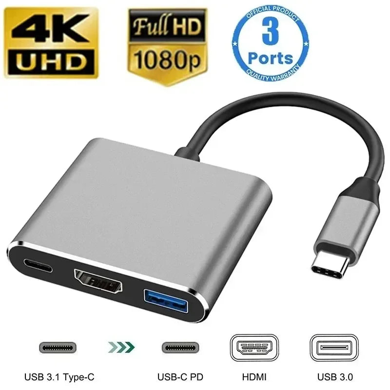 Aluminum 7-in-1 USB C Hub with USB 3.0, USB 2.0, and USB C ports, ideal for expanding connectivity on laptops and desktops.