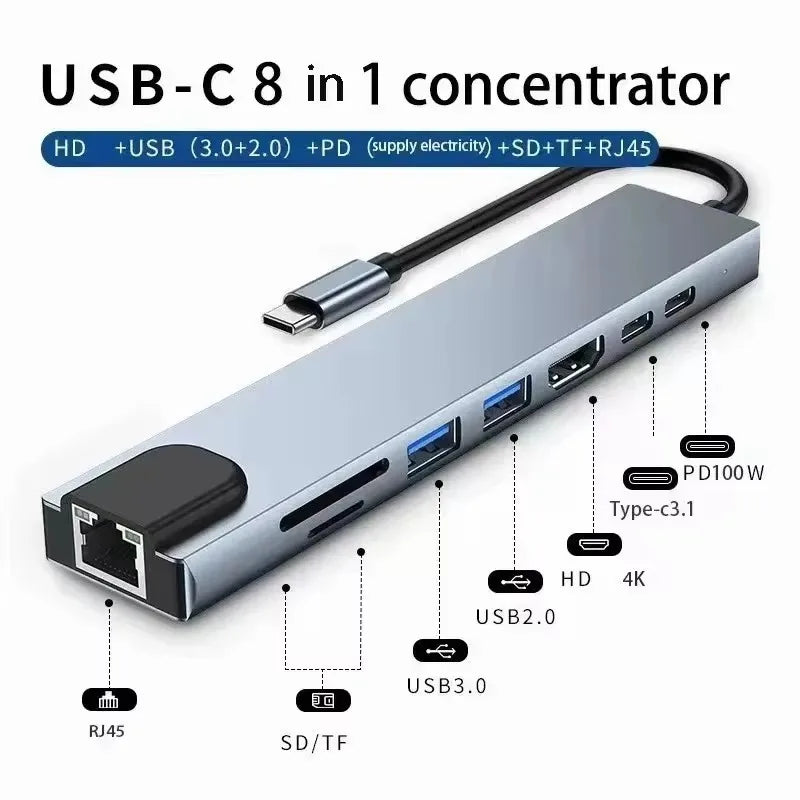 Aluminum 7-in-1 USB C hub with USB 3.0, USB 2.0, and USB C ports, USB splitter for expanding device connectivity.