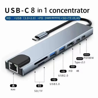 Aluminum 7-in-1 USB C hub with USB 3.0, USB 2.0, and USB C ports, USB splitter for expanding device connectivity.