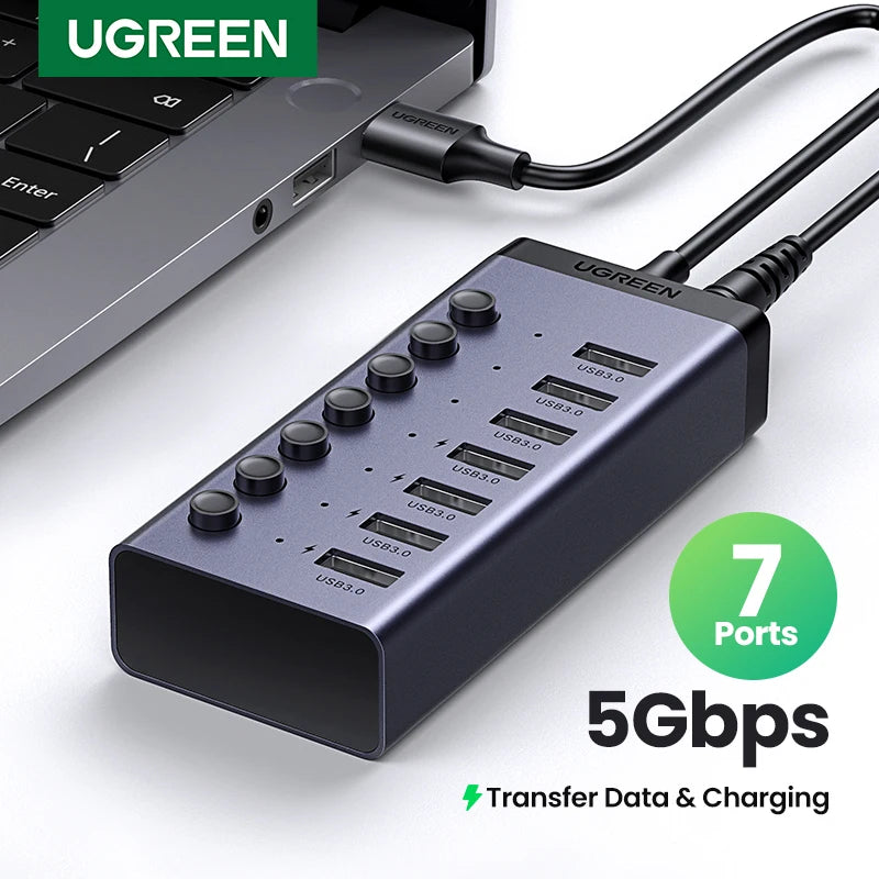 UGREEN 7-port USB 3.0 hub with individual switches and power adapter, extends USB-C and PC/laptop USB ports for fast data transfer.