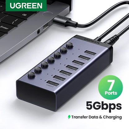 UGREEN 7-port USB 3.0 hub with individual switches and power adapter, extends USB-C and PC/laptop USB ports for fast data transfer.