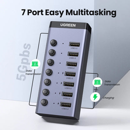 UGREEN 7-port USB 3.0 hub with individual switches, power adapter, and USB-C compatibility for PC and laptop extension.