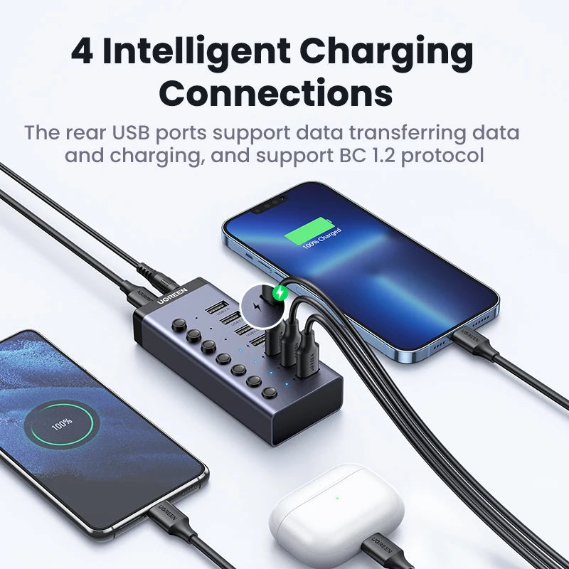 UGREEN 7-port USB 3.0 hub with individual switches, power adapter, and USB-C docking for PC and laptop extension.