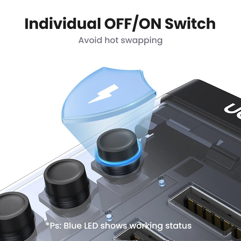 UGREEN 7-port USB 3.0 hub with individual switches and power adapter, ideal for extending PC, laptop, and USB-C docking ports.