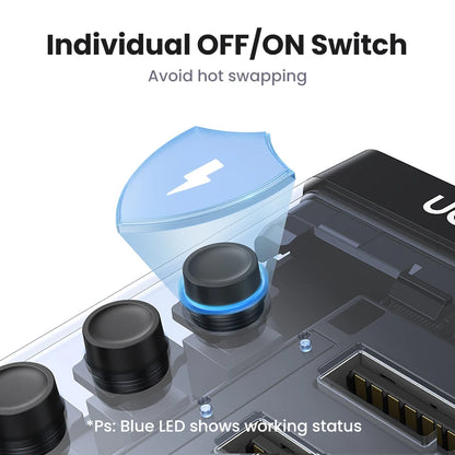 UGREEN 7-port USB 3.0 hub with individual switches and power adapter, ideal for extending PC, laptop, and USB-C docking ports.