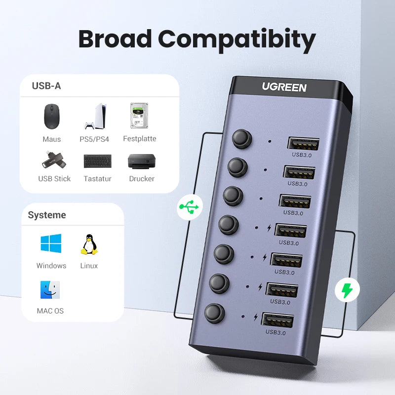 UGREEN 7-port USB 3.0 hub with individual switches, power adapter, ideal for PC and laptop USB expansion and docking.