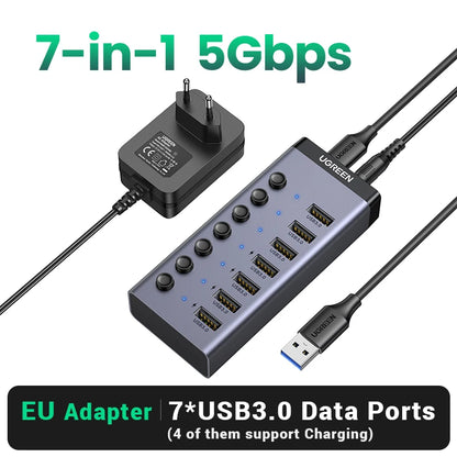 UGREEN 7-port USB 3.0 hub with individual switches and power adapter, suitable for PC, laptop, and USB-C docking.