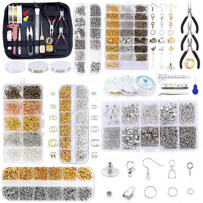 Jewelry making supplies kit with tools, earring charms, jewelry wires, and findings for DIY jewelry creation and repair.