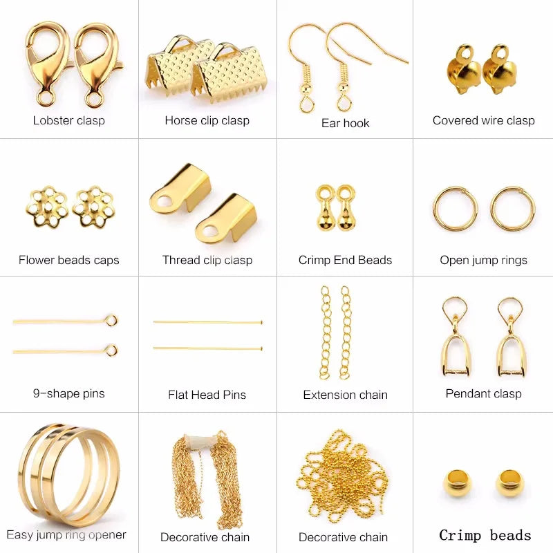 Jewelry making supplies kit with tools, earring charms, wires, and findings for jewelry creation and repair.