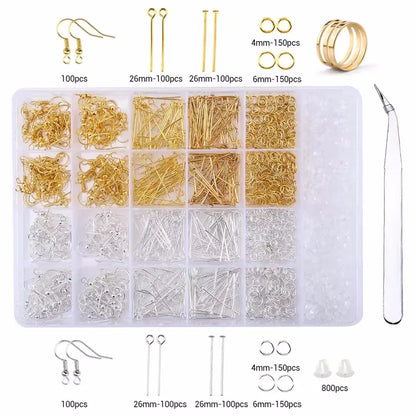 Jewelry making supplies kit with tools, earring charms, jewelry wires, and findings for DIY jewelry creation and repair.