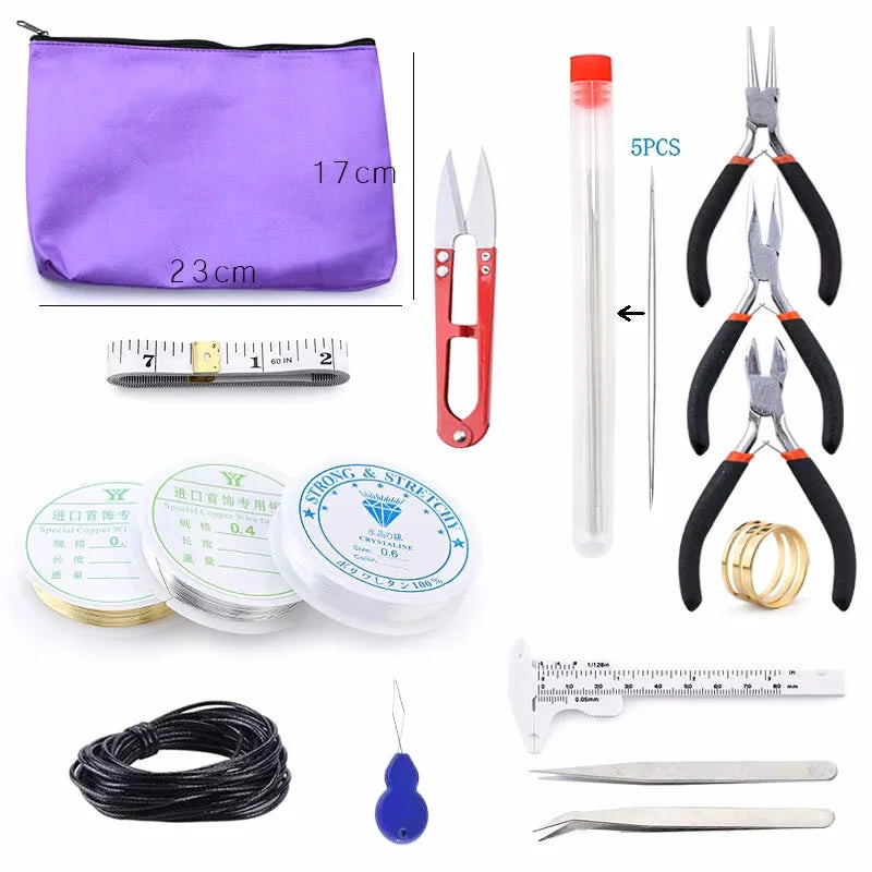 Jewelry making supplies kit with tools, earring charms, jewelry wires, and findings for DIY jewelry creation and repair.