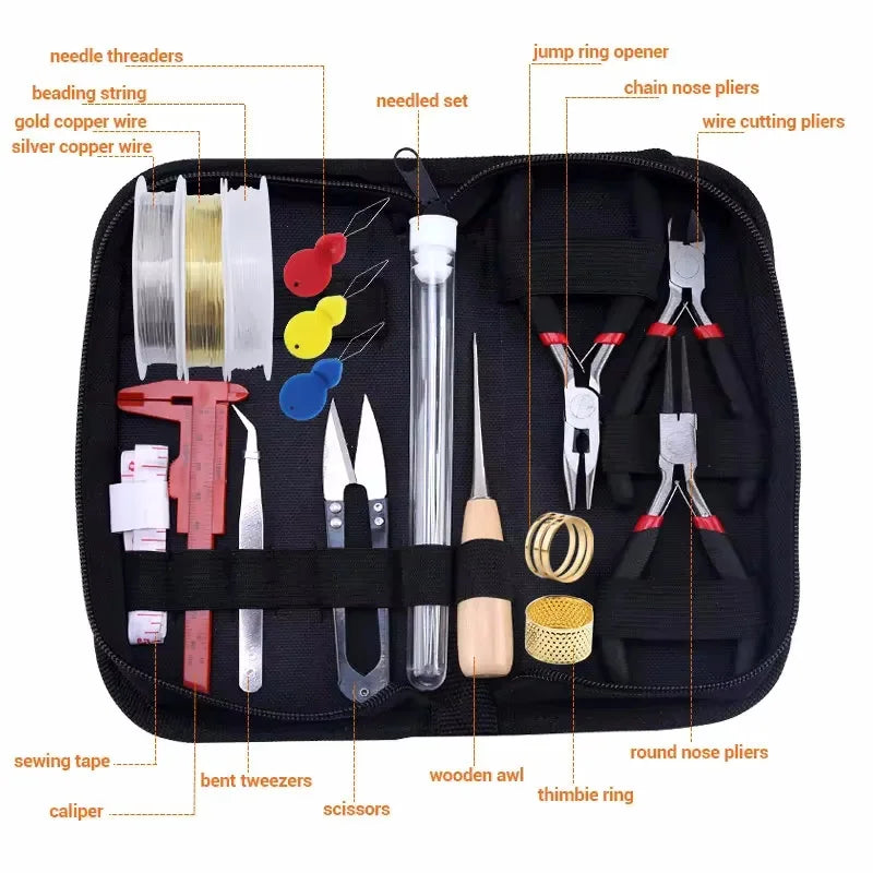 Jewelry making supplies kit with tools, earring charms, jewelry wires, and findings for DIY jewelry making and repair.