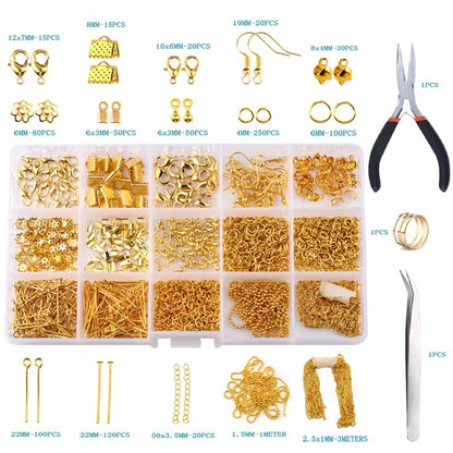 Jewelry making supplies kit with tools, earring charms, jewelry wires, and findings for DIY jewelry creation and repair.