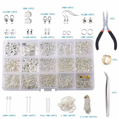 Jewelry making supplies kit with tools, earring charms, jewelry wires, and findings for jewelry creation and repair.