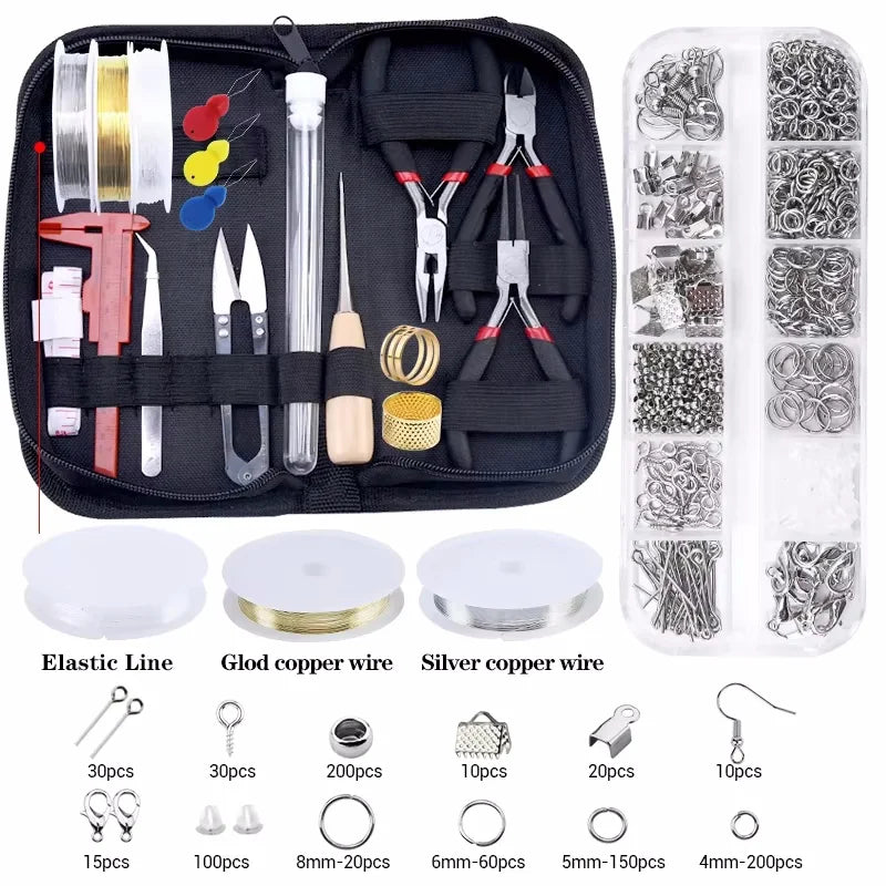Jewelry making supplies kit with tools, earring charms, jewelry wires, and findings for DIY jewelry creation and repair.