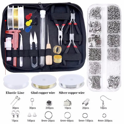 Jewelry making supplies kit with tools, earring charms, jewelry wires, and findings for DIY jewelry creation and repair.