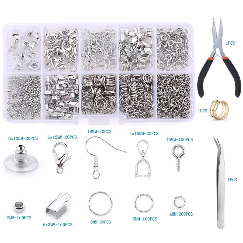 Jewelry making supplies kit with tools, earring charms, jewelry wires, and findings for crafting and repairing jewelry.