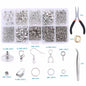 Jewelry making supplies kit with tools, earring charms, jewelry wires, and findings for crafting and repairing jewelry.