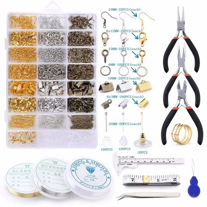 Jewelry making supplies kit with tools, earring charms, jewelry wires, and findings for DIY jewelry making and repair.