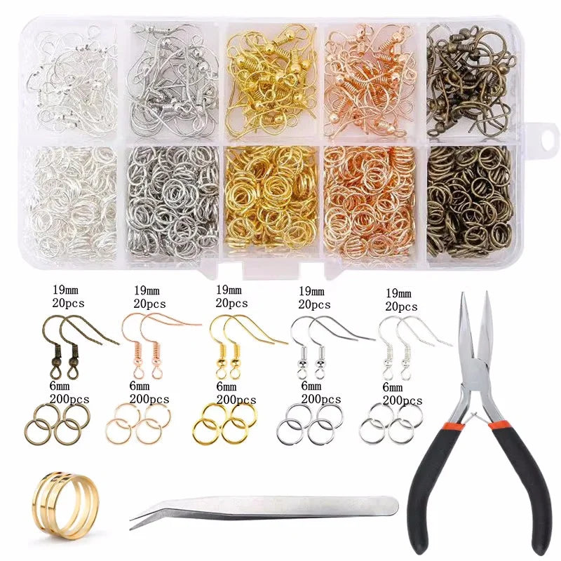 Jewelry making supplies kit including tools, earring charms, jewelry wires, and findings for jewelry making and repair.