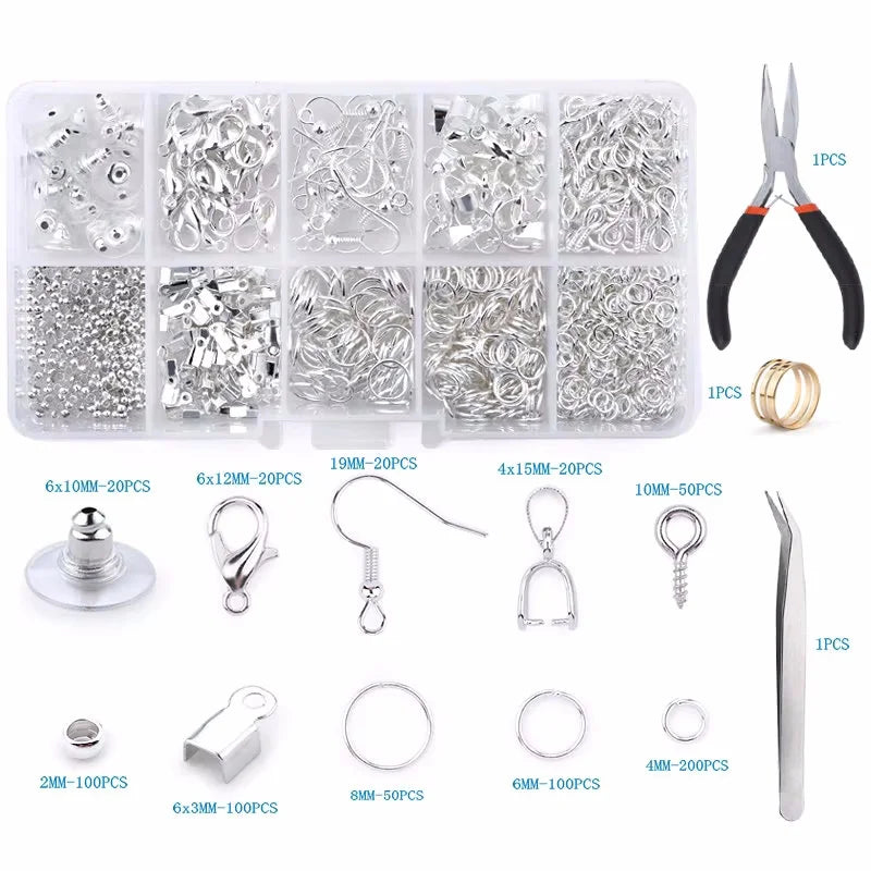 Jewelry making supplies kit featuring tools, earring charms, jewelry wires, and findings for creating and repairing handmade jewelry.