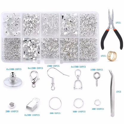Jewelry making supplies kit featuring tools, earring charms, jewelry wires, and findings for creating and repairing handmade jewelry.