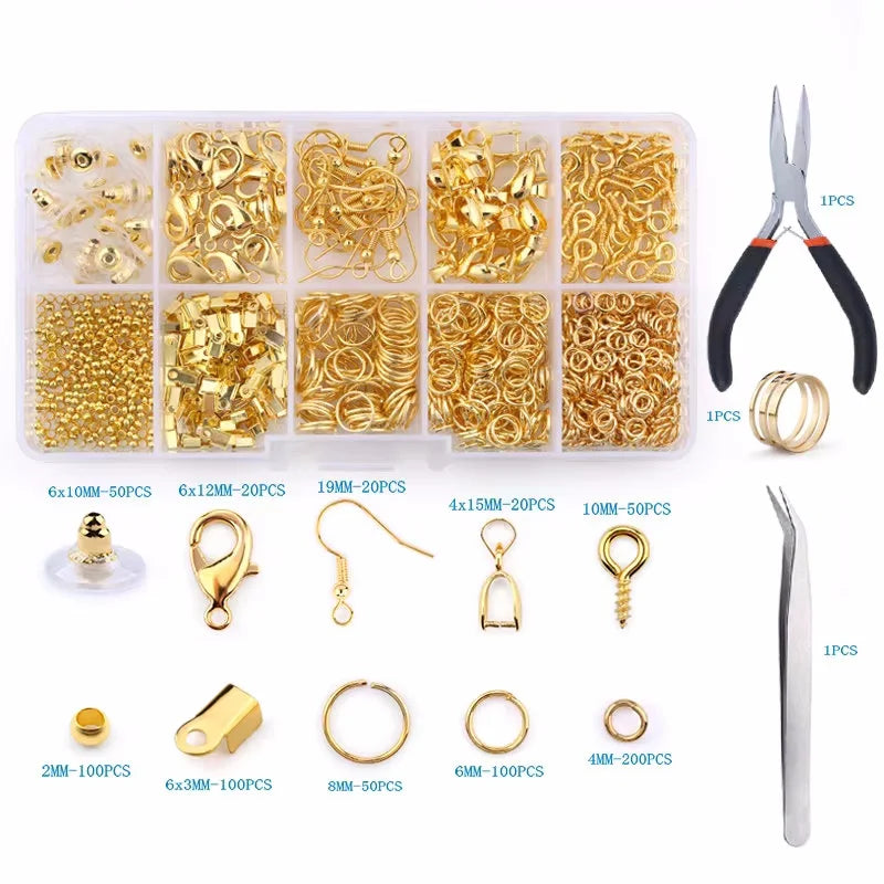 Jewelry making supplies kit with tools, earring charms, wires, and findings for jewelry creation and repair.