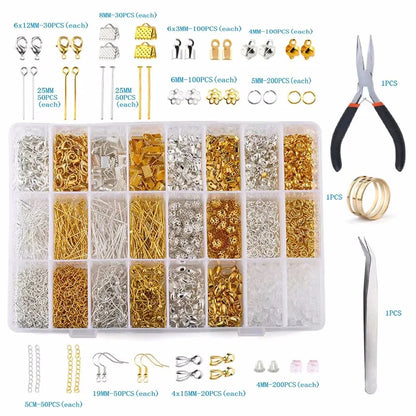 Jewelry making supplies kit with tools, earring charms, wires, and findings for jewelry creation and repair.