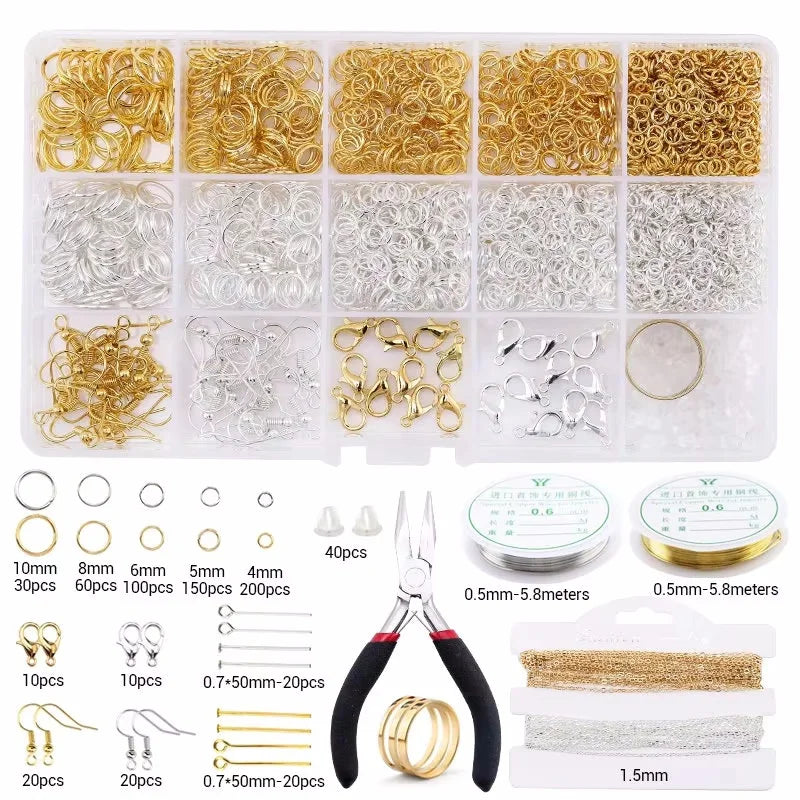 Jewelry making supplies kit with tools, earring charms, jewelry wires, and findings for crafting and repairs.