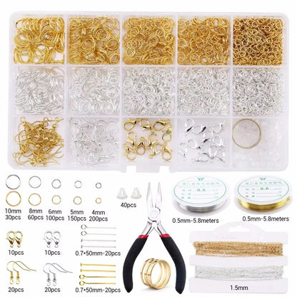 Jewelry making supplies kit with tools, earring charms, jewelry wires, and findings for crafting and repairs.