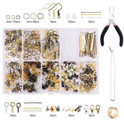 Jewelry making supplies kit with tools, earring charms, jewelry wires, and findings for jewelry creation and repair.