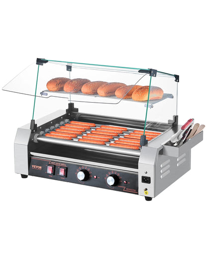 Stainless steel SucceBuy 5, 7, 11 roller hot dog grill with dual temp control, commercial sausage cooker and hot dog machine.