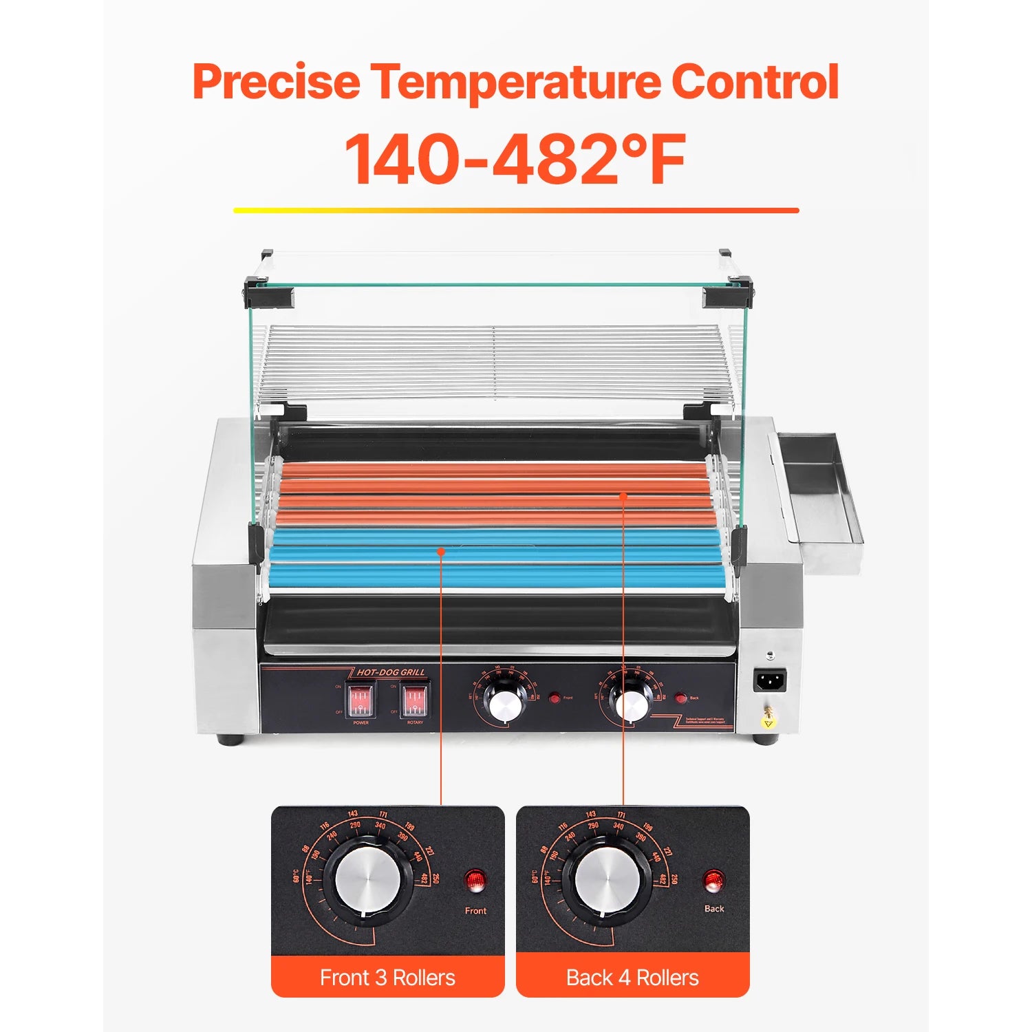 Stainless steel SucceBuy 5, 7, 11 rollers hot dog roller grill with dual temperature control, ideal for commercial sausage cooking.