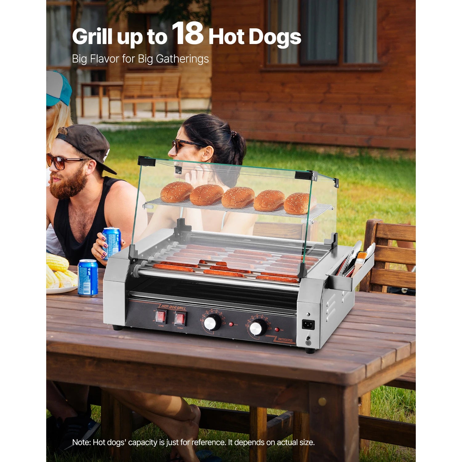Stainless steel SucceBuy 5-11 rollers hot dog grill with dual temp control, commercial sausage cooker for hot dog stands.