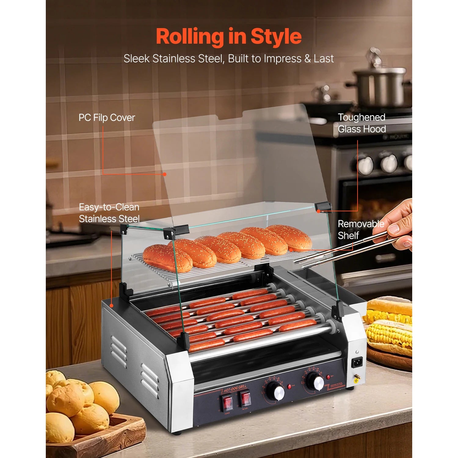 Stainless steel SucceBuy 5, 7, 11 rollers hot dog roller grill with dual temperature control for commercial sausage cooking.