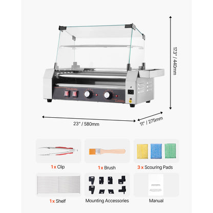 Stainless steel SucceBuy 5, 7, 11 roller hot dog grill and sausage cooker with dual temperature control for commercial use.