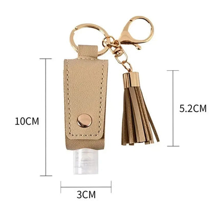 Leather portable keychain hand sanitizer holder with leakproof travel spray bottle, compact and lightweight for on-the-go sanitizing.
