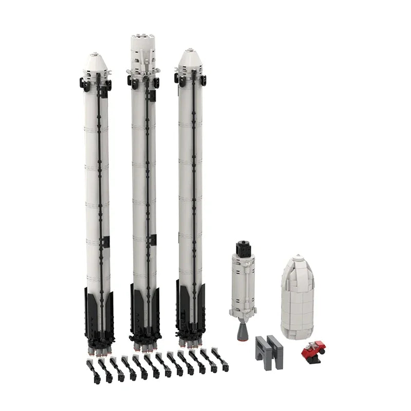 MOC Falcon Heavy Carrier Saturn V SpaceX spaceship building blocks with 713 pieces, featuring detailed spacecraft model.