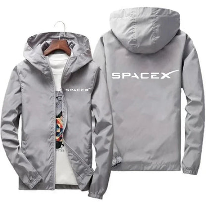 Men's SpaceX logo hoodie from BACKUPMYFILESNOW.COM, casual spring-autumn zip-up jacket with printed SpaceX logo, sporty and protective.